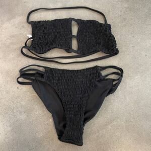 Black Scrunch strapless Bikini Swimsuit Brazillian cut bottom XS New swim